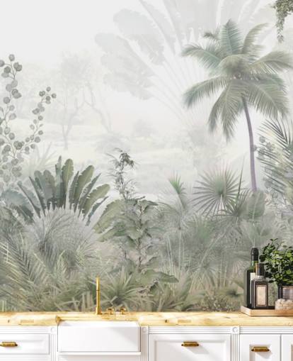 Carta da parati verde tenue con paesaggio della giungla con alte palme e uno sfondo nebbioso Carta da parati verde tenue con paesaggio della giungla con alte palme e uno sfondo nebbioso