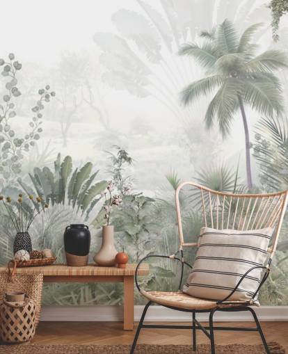 Carta da parati verde tenue con paesaggio della giungla con alte palme e uno sfondo nebbioso Carta da parati verde tenue con paesaggio della giungla con alte palme e uno sfondo nebbioso