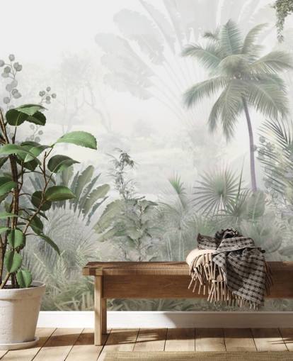 Muted green jungle landscape wallpaper with tall plam trees and a hazy background Muted green jungle landscape wallpaper with tall plam trees and a hazy background