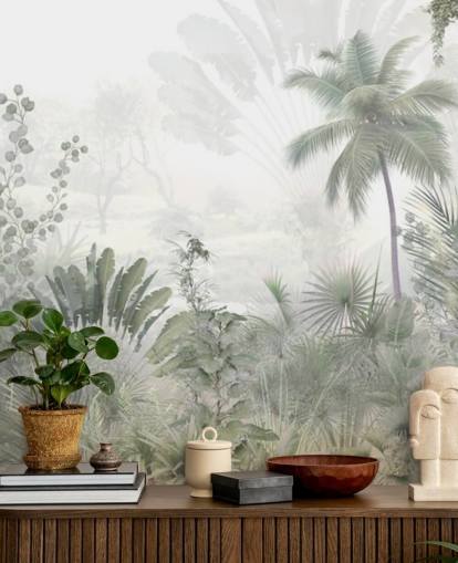 Mykistetty vihreä viidakon maisema taustakuva korkeilla plam puita ja utuinen tausta Mykistetty vihreä viidakon maisema taustakuva korkeilla plam puita ja utuinen tausta