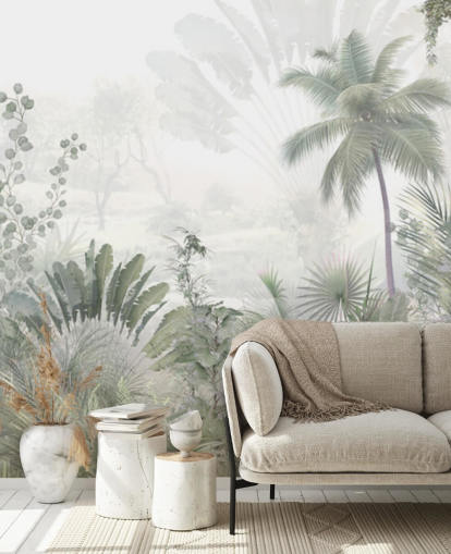 Muted green jungle landscape wallpaper with tall plam trees and a hazy background Muted green jungle landscape wallpaper with tall plam trees and a hazy background