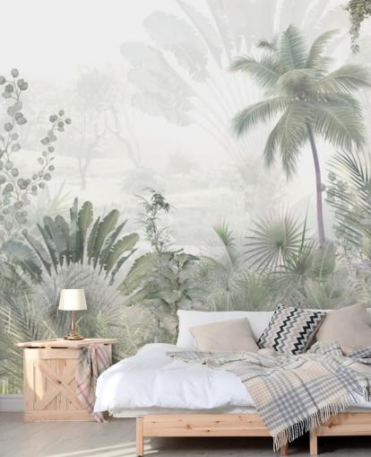 Muted green jungle landscape wallpaper with tall plam trees and a hazy background Muted green jungle landscape wallpaper with tall plam trees and a hazy background