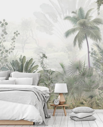 Dæmpet grøn jungle landskab tapet med høje plam træer og en diset baggrund Dæmpet grøn jungle landskab tapet med høje plam træer og en diset baggrund