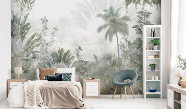 Muted green jungle landscape wallpaper with tall plam trees and a hazy background