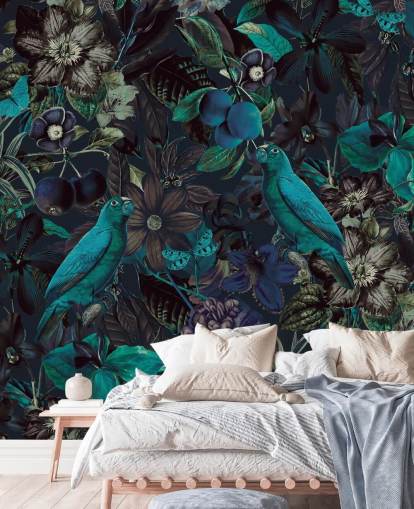 pássaros em tons de azul no papel de parede da selva pássaros em tons de azul no papel de parede da selva