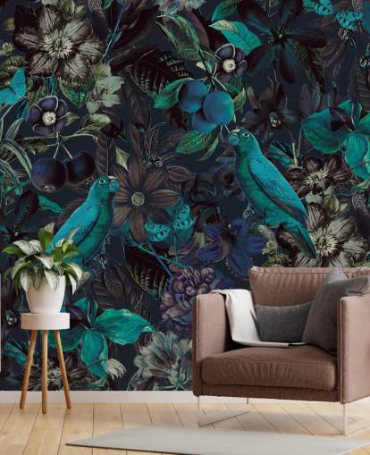 blauw getinte vogels in junglebehang blauw getinte vogels in junglebehang