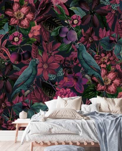 dark pink florals and green birds wallpaper dark pink florals and green birds wallpaper