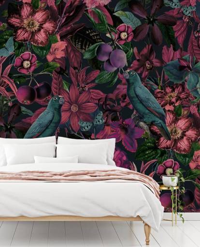 mörkrosa blommor och gröna fåglar tapeter mörkrosa blommor och gröna fåglar tapeter