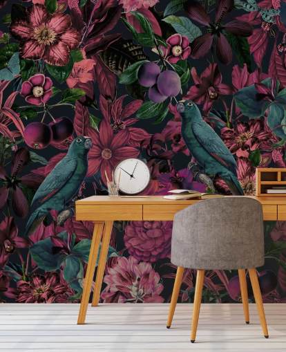 mørk rosa blomster og grønne fugler tapet mørk rosa blomster og grønne fugler tapet