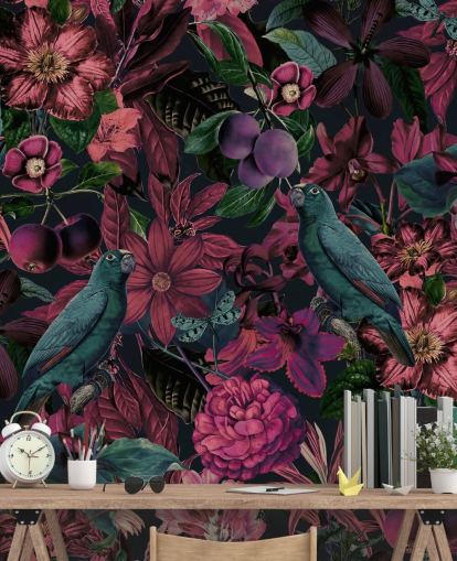 mörkrosa blommor och gröna fåglar tapeter mörkrosa blommor och gröna fåglar tapeter