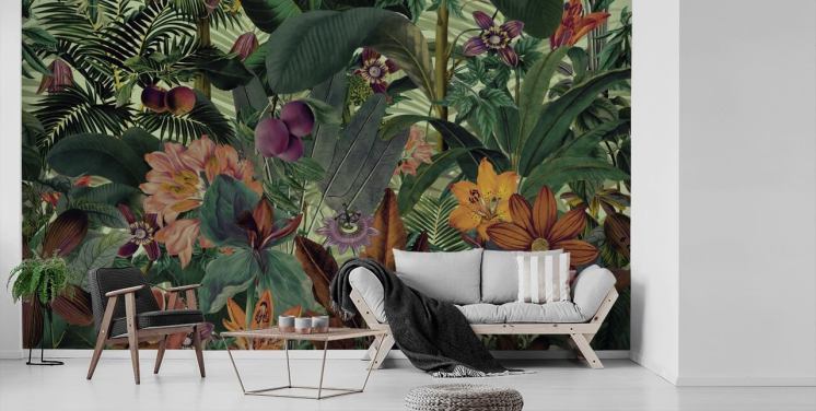 donkergroen en terracotta junglebehang