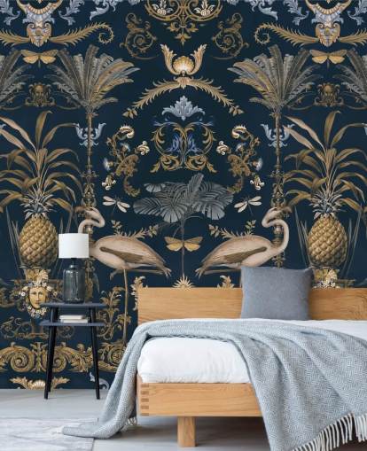 mural de papel pintado dorado cobrizo y azul marino oscuro llamado Ornamental Flamingo Blue para salas de estar mural de papel pintado dorado cobrizo y azul marino oscuro llamado Ornamental Flamingo Blue para salas de estar