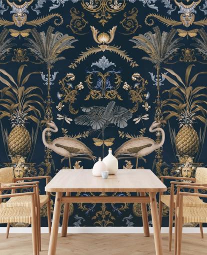 koperkleurige gouden en donkerblauwe behangmuurschildering genaamd Ornamental Flamingo Blue voor woonkamers koperkleurige gouden en donkerblauwe behangmuurschildering genaamd Ornamental Flamingo Blue voor woonkamers