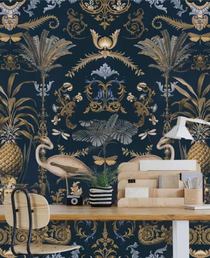 mural de papel pintado dorado cobrizo y azul marino oscuro llamado Ornamental Flamingo Blue para salas de estar mural de papel pintado dorado cobrizo y azul marino oscuro llamado Ornamental Flamingo Blue para salas de estar