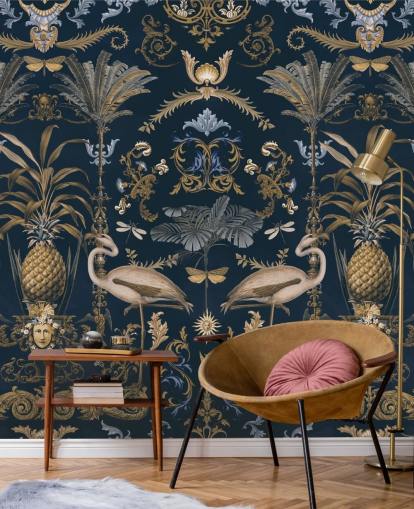 Tapeten-Wandbild aus Messinggold und dunklem Marineblau namens Ornamental Flamingo Blue für Wohnzimmer Tapeten-Wandbild aus Messinggold und dunklem Marineblau namens Ornamental Flamingo Blue für Wohnzimmer