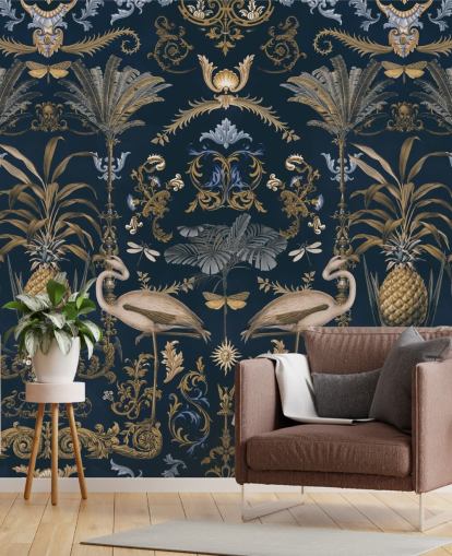 mural de papel de parede em ouro latão e azul marinho escuro chamado Ornamental Flamingo Blue para salas de estar mural de papel de parede em ouro latão e azul marinho escuro chamado Ornamental Flamingo Blue para salas de estar