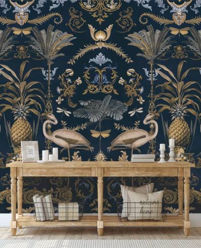 brassy gold and dark navy wallpaper mural called Ornamental Flamingo Blue for living rooms brassy gold and dark navy wallpaper mural called Ornamental Flamingo Blue for living rooms