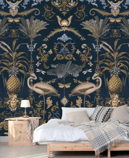 mässingsguld och mörk marinblå tapetväggmålning kallad Ornamental Flamingo Blue för vardagsrum mässingsguld och mörk marinblå tapetväggmålning kallad Ornamental Flamingo Blue för vardagsrum