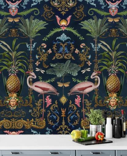 marineblå flamingoer og ananas tapetmaleri kaldet Ornamental Flamingo af Andrea Haase til soveværelser marineblå flamingoer og ananas tapetmaleri kaldet Ornamental Flamingo af Andrea Haase til soveværelser