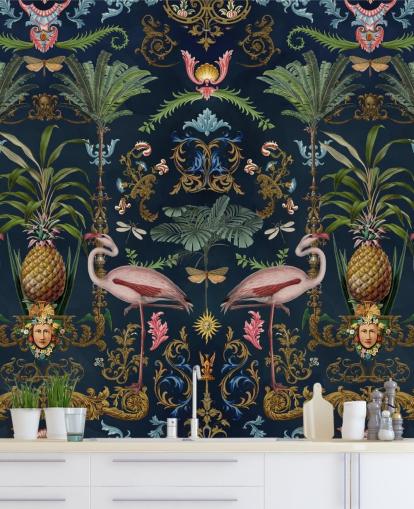 navy flamingos and pineapple wallpaper mural called Ornamental Flamingo by Andrea Haase for bedrooms navy flamingos and pineapple wallpaper mural called Ornamental Flamingo by Andrea Haase for bedrooms