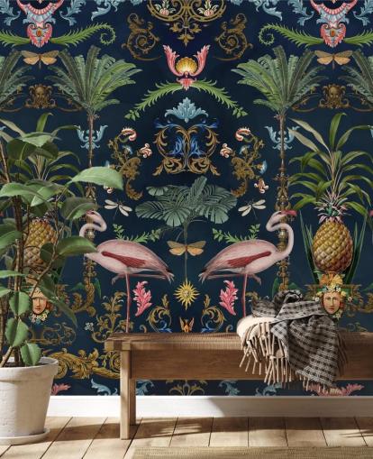 Andrea Haasen laivastonsiniset flamingot ja ananas-taustakuvamaalaus nimeltä Ornamental Flamingo makuuhuoneisiin Andrea Haasen laivastonsiniset flamingot ja ananas-taustakuvamaalaus nimeltä Ornamental Flamingo makuuhuoneisiin