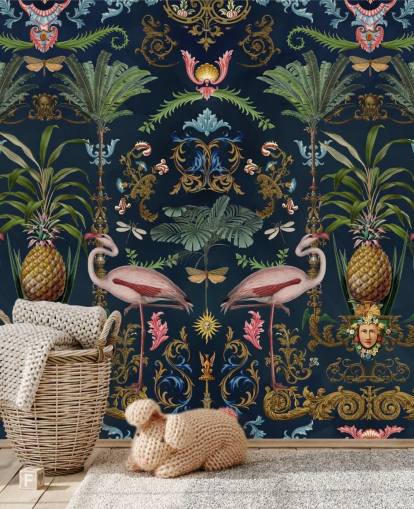 navy flamingos and pineapple wallpaper mural called Ornamental Flamingo by Andrea Haase for bedrooms navy flamingos and pineapple wallpaper mural called Ornamental Flamingo by Andrea Haase for bedrooms