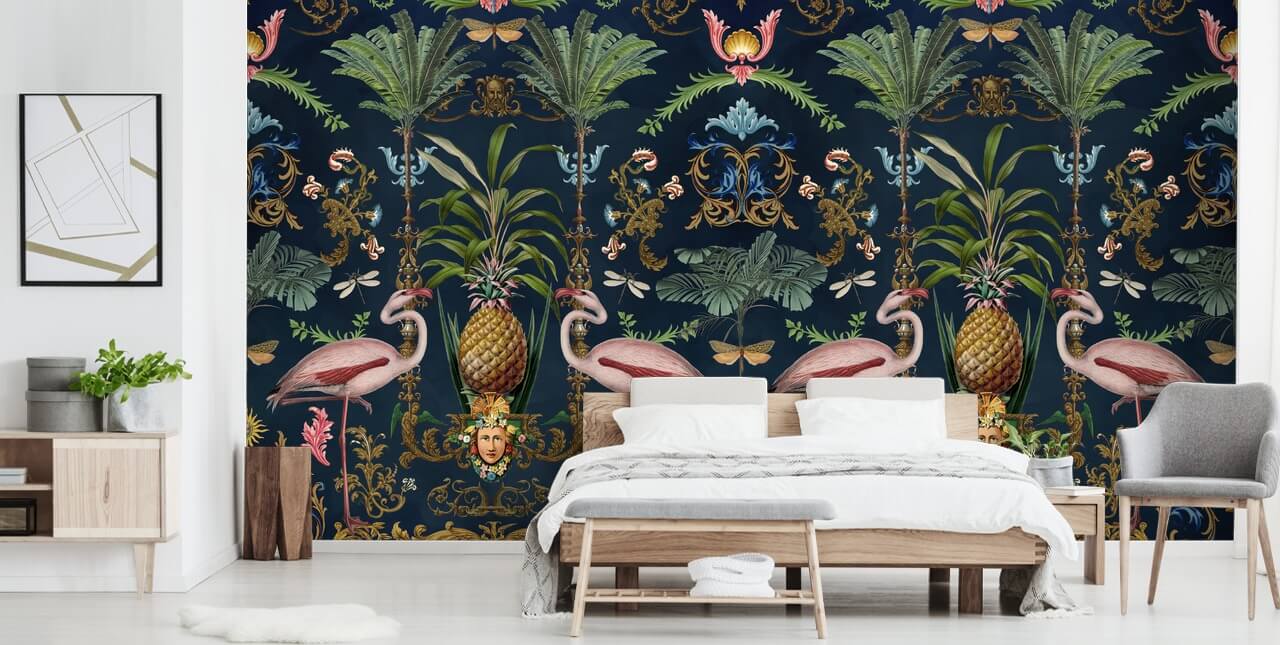navy flamingos and pineapple wallpaper mural called Ornamental Flamingo by Andrea Haase for bedrooms navy flamingos and pineapple wallpaper mural called Ornamental Flamingo by Andrea Haase for bedrooms
