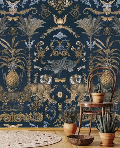 blauw en goud tropisch behang blauw en goud tropisch behang