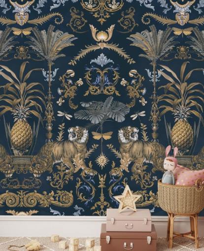 blauw en goud tropisch behang blauw en goud tropisch behang