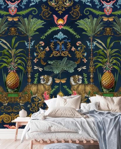navy tiger and pineapple tropical wallpaper mural called Ornamental Tiger by Andrea Haase for bedrooms navy tiger and pineapple tropical wallpaper mural called Ornamental Tiger by Andrea Haase for bedrooms