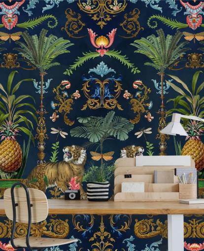 papier peint mural tropical en forme de tigre bleu marine et d'ananas appelé Ornamental Tiger par Andrea Haase pour les chambres papier peint mural tropical en forme de tigre bleu marine et d'ananas appelé Ornamental Tiger par Andrea Haase pour les chambres