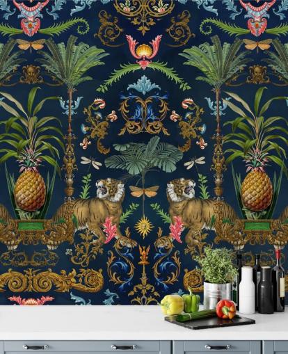 Andrea Haasen laivastonsininen tiikeri ja ananas trooppinen taustakuvamaalaus nimeltä Ornamental Tiger makuuhuoneisiin Andrea Haasen laivastonsininen tiikeri ja ananas trooppinen taustakuvamaalaus nimeltä Ornamental Tiger makuuhuoneisiin