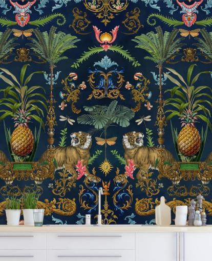 marineblå tiger og ananas tropisk tapetmaleri kaldet Ornamental Tiger af Andrea Haase til soveværelser marineblå tiger og ananas tropisk tapetmaleri kaldet Ornamental Tiger af Andrea Haase til soveværelser
