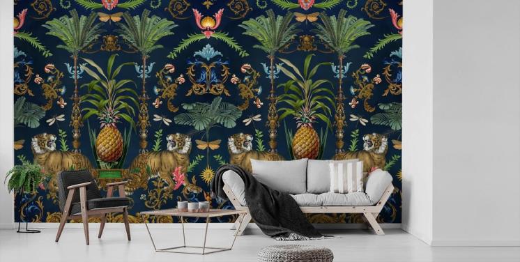 navy tiger and pineapple tropical wallpaper mural called Ornamental Tiger by Andrea Haase for bedrooms