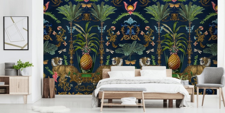 papier peint mural tropical en forme de tigre bleu marine et d'ananas appelé Ornamental Tiger par Andrea Haase pour les chambres