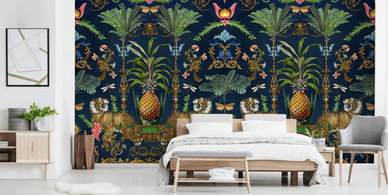 navy tiger and pineapple tropical wallpaper mural called Ornamental Tiger by Andrea Haase for bedrooms