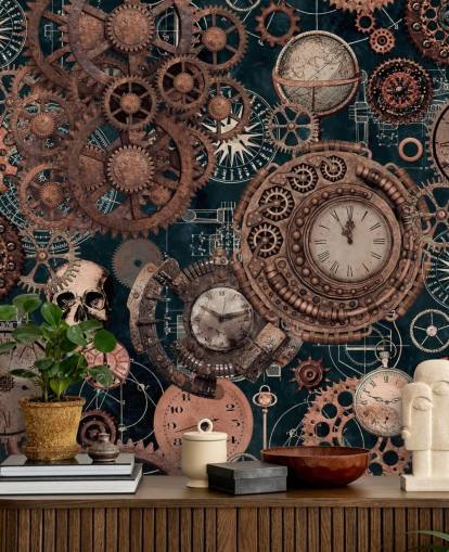 kobberhjul og kranier tapetmaleri kaldet Copper Steampunk af Andrea Haase til soveværelser kobberhjul og kranier tapetmaleri kaldet Copper Steampunk af Andrea Haase til soveværelser