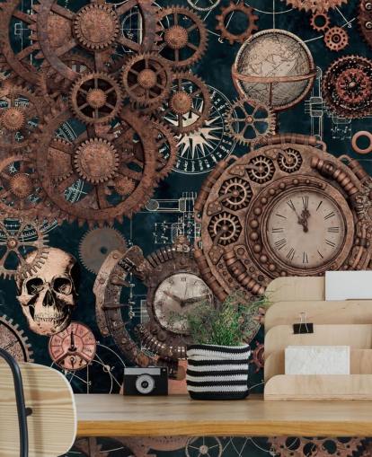 koperen radertjes en schedels behangmuurschildering genaamd Copper Steampunk van Andrea Haase voor slaapkamers koperen radertjes en schedels behangmuurschildering genaamd Copper Steampunk van Andrea Haase voor slaapkamers