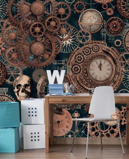 kopparkuggar och skallar tapetväggmålning kallad Copper Steampunk av Andrea Haase för sovrum kopparkuggar och skallar tapetväggmålning kallad Copper Steampunk av Andrea Haase för sovrum