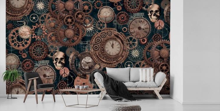 carta da parati murale in rame con ingranaggi e teschi chiamata Copper Steampunk di Andrea Haase per camere da letto