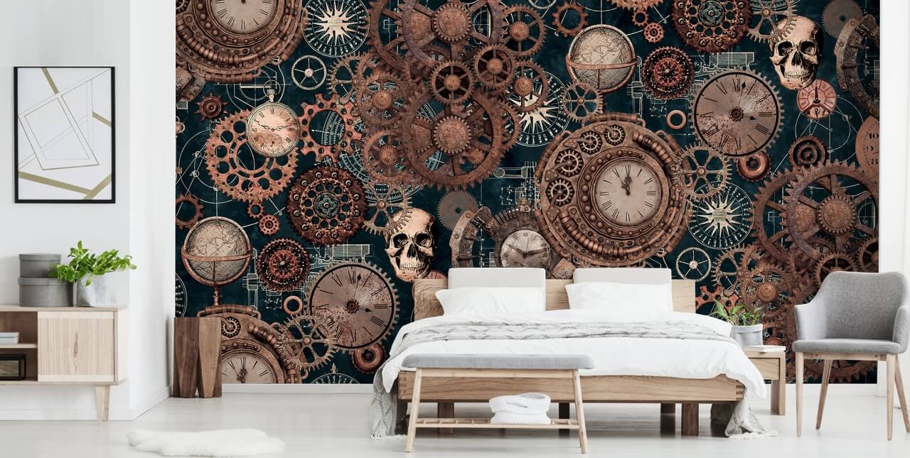kopparkuggar och skallar tapetväggmålning kallad Copper Steampunk av Andrea Haase för sovrum