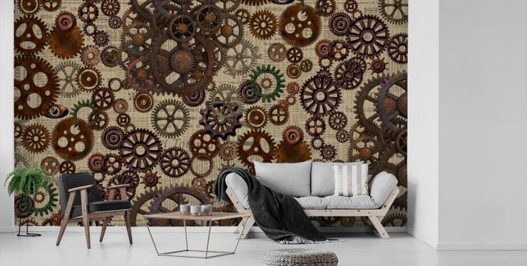 brune rustne tannhjul tapetmaleri kalt Rusty Steampunk Gears av Andrea Haase for soverom og hjemmekontorer
