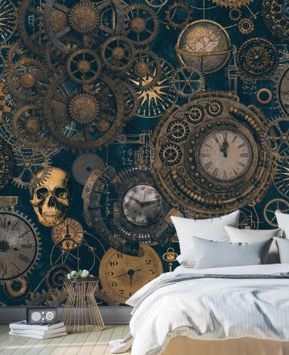 mural de pared steampunk azul marino y dorado llamado Steampunk de Andrea Haase para dormitorios y salas de estar mural de pared steampunk azul marino y dorado llamado Steampunk de Andrea Haase para dormitorios y salas de estar