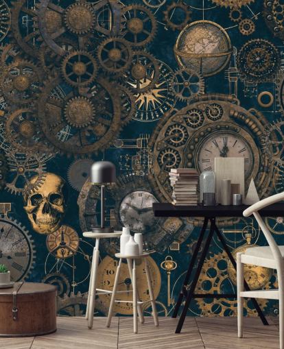 navy and gold steampunk wall mural called Steampunk by Andrea Haase for bedrooms and living rooms navy and gold steampunk wall mural called Steampunk by Andrea Haase for bedrooms and living rooms