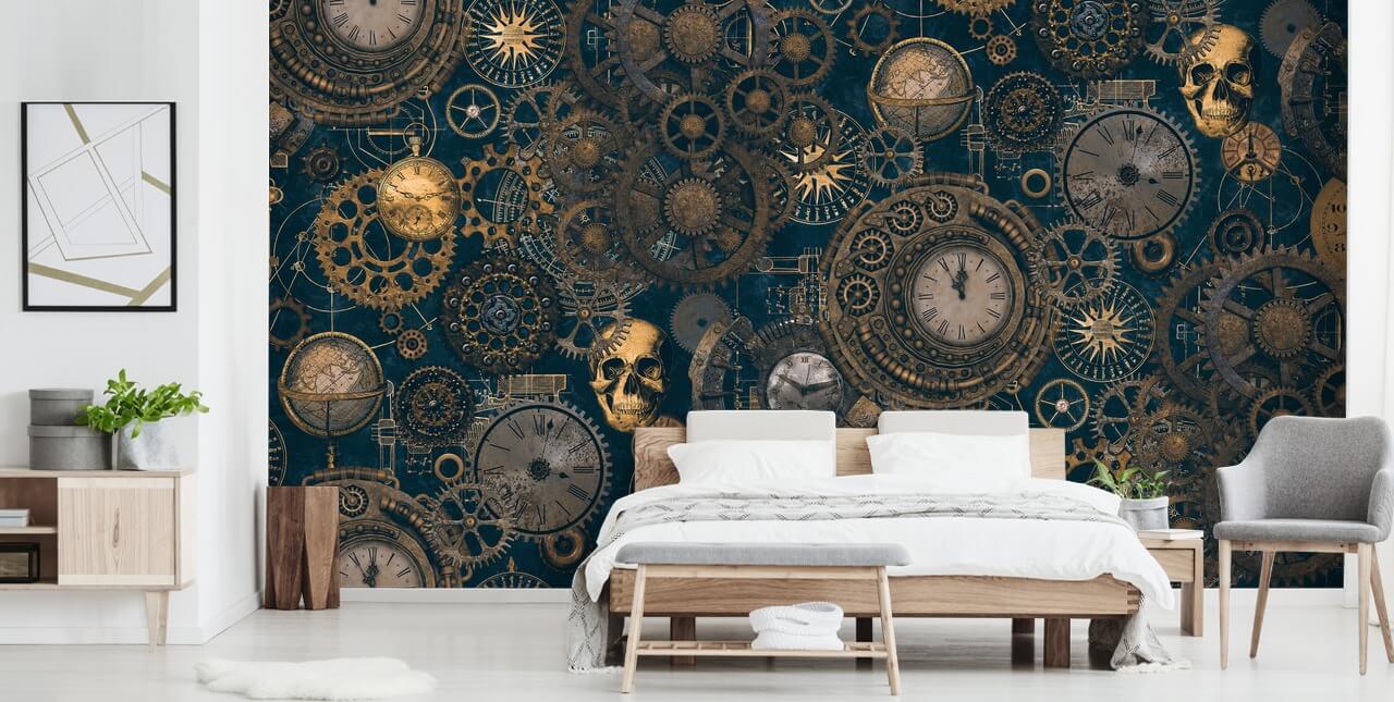 marinblå och guld steampunk väggmålning kallad Steampunk av Andrea Haase för sovrum och vardagsrum