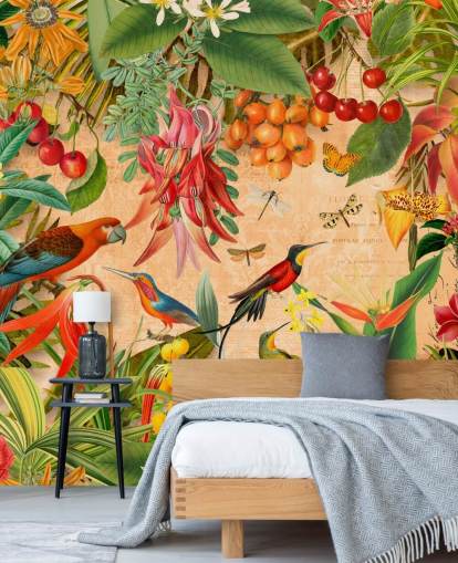 farverigt tropisk fugl tapetmaleri kaldet Tropical Summer Garden af Andrea Haase til badeværelser og køkkener farverigt tropisk fugl tapetmaleri kaldet Tropical Summer Garden af Andrea Haase til badeværelser og køkkener