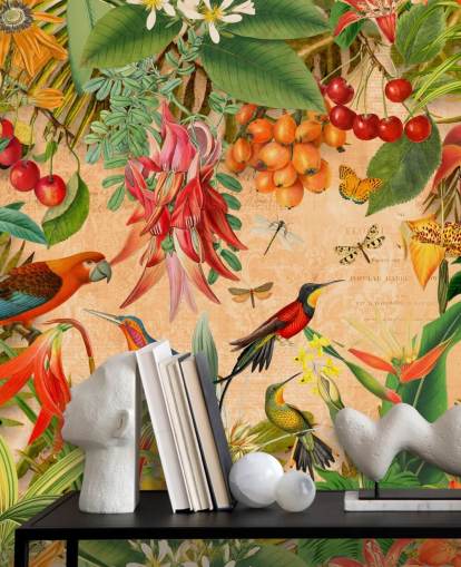 mural colorido de pájaros tropicales llamado Tropical Summer Garden de Andrea Haase para baños y cocinas mural colorido de pájaros tropicales llamado Tropical Summer Garden de Andrea Haase para baños y cocinas