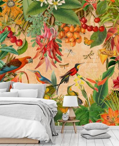 färgglad tropisk fågel tapet väggmålning kallad Tropical Summer Garden av Andrea Haase för badrum och kök färgglad tropisk fågel tapet väggmålning kallad Tropical Summer Garden av Andrea Haase för badrum och kök