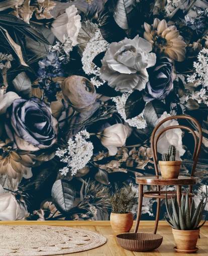 mørkt blomstertapet vægmaleri kaldet Vintage Flower Meadow af Andrea Haase til soveværelser, stuer og spisestuer mørkt blomstertapet vægmaleri kaldet Vintage Flower Meadow af Andrea Haase til soveværelser, stuer og spisestuer