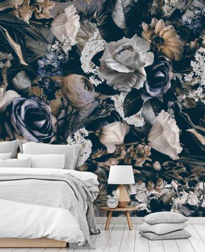 mørkt blomstertapet veggmaleri kalt Vintage Flower Meadow av Andrea Haase for soverom, stuer og spiserom mørkt blomstertapet veggmaleri kalt Vintage Flower Meadow av Andrea Haase for soverom, stuer og spiserom